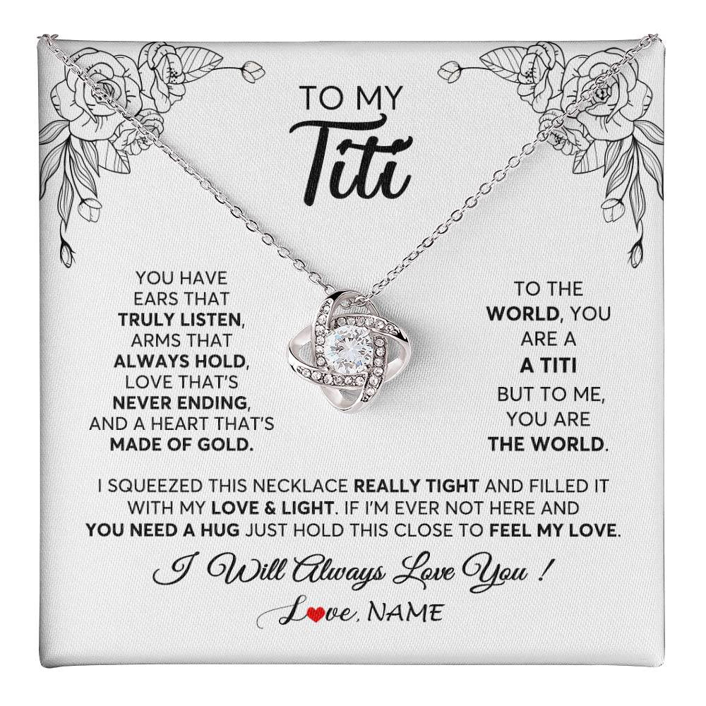 Love Knot Necklace 14K White Gold Finish | 1 | Personalized To My Titi Necklace From Niece Nephew Hold This Close Feel My Love Titi Birthday Mothers Day Christmas Jewelry Customized Gift Box Message Card | siriusteestore
