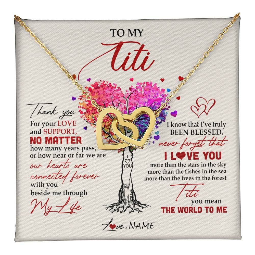 Interlocking Hearts Necklace 18K Yellow Gold Finish | 1 | Personalized To My Titi Necklace From Niece Nephew Never Forget That I Love You You Mean The World Titi Birthday Mothers Day Christmas Customized Gift Box Message Card | siriusteestore