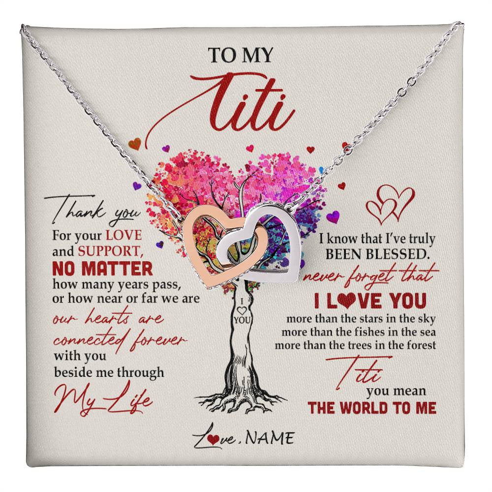 Interlocking Hearts Necklace Stainless Steel & Rose Gold Finish | 1 | Personalized To My Titi Necklace From Niece Nephew Never Forget That I Love You You Mean The World Titi Birthday Mothers Day Christmas Customized Gift Box Message Card | siriusteestore