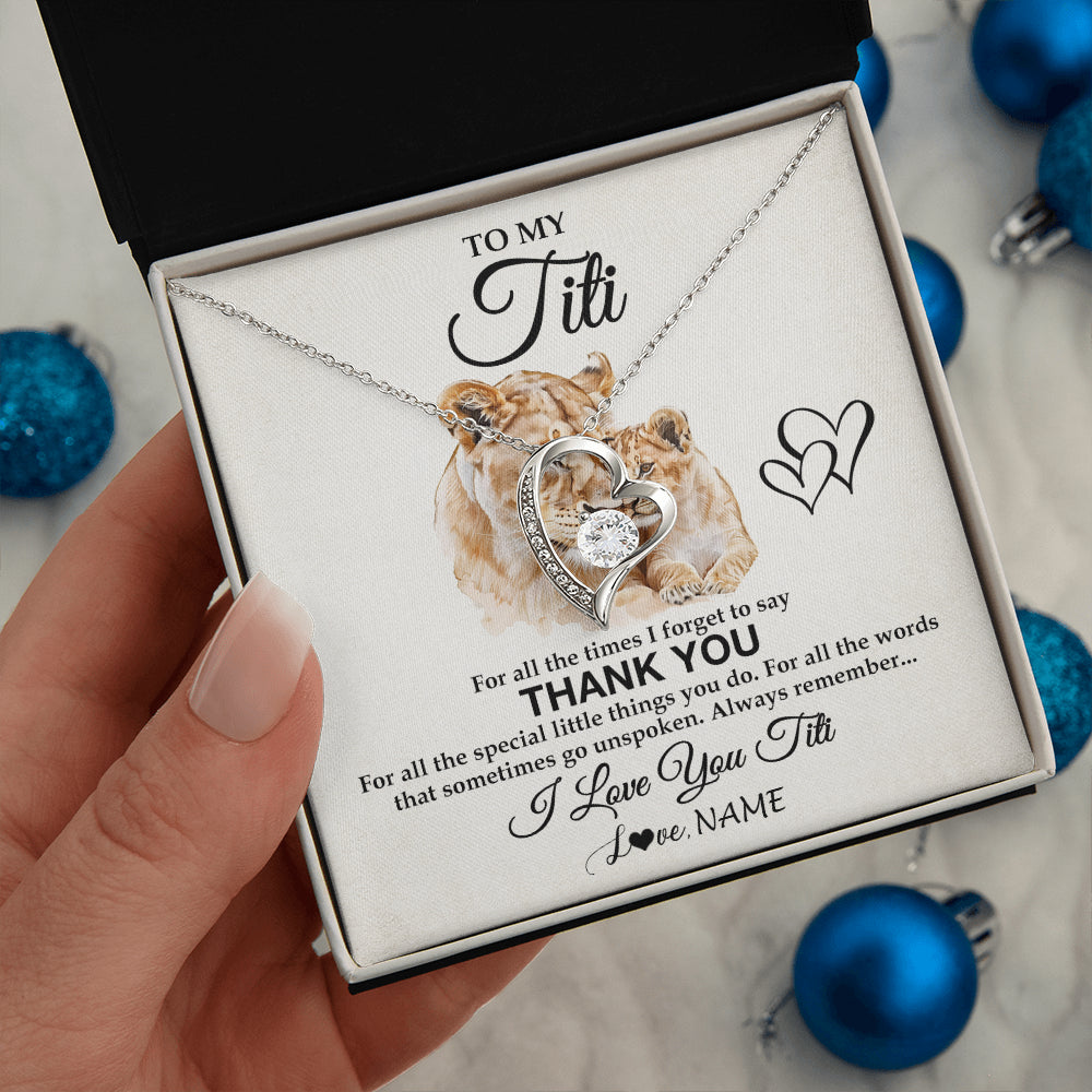 Forever Love Necklace 14K White Gold Finish | 2 | Personalized To My Titi Necklace From Niece Nephew Thank You Lion Titi Gift For Mothers Day Birthday Gift Christmas For Titi Customized Gift Box Message Card | siriusteestore