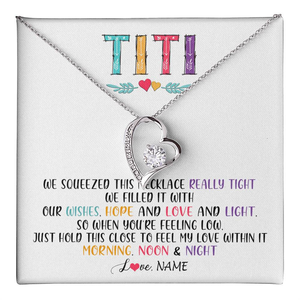 Forever Love Necklace 14K White Gold Finish | 1 | Personalized To My Titi Necklace From Niece Nephew We Squeezed This Necklace Titi Birthday Mothers Day Christmas Jewelry Customized Gift Box Message Card | siriusteestore