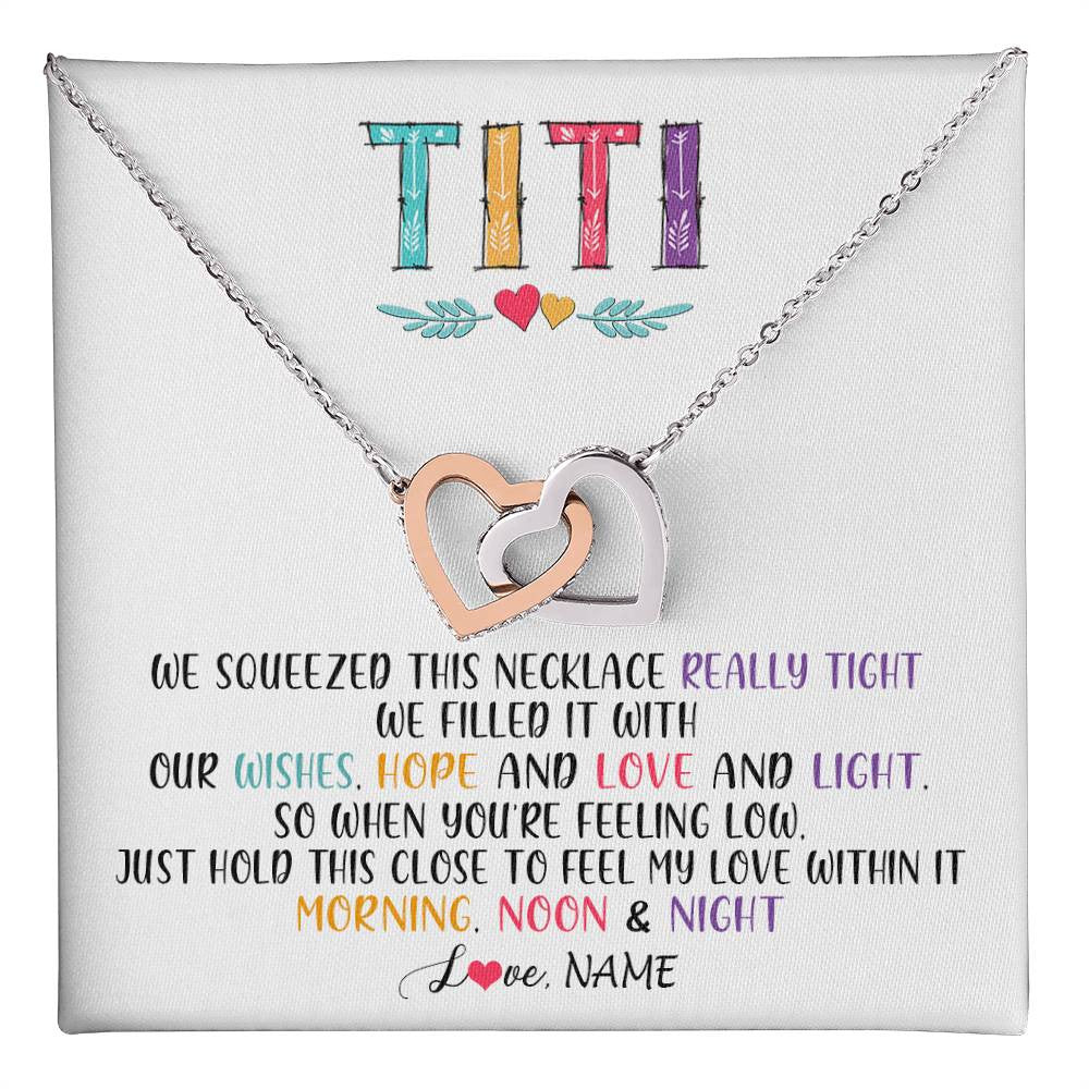 Interlocking Hearts Necklace Stainless Steel & Rose Gold Finish | 1 | Personalized To My Titi Necklace From Niece Nephew We Squeezed This Necklace Titi Birthday Mothers Day Christmas Jewelry Customized Gift Box Message Card | siriusteestore