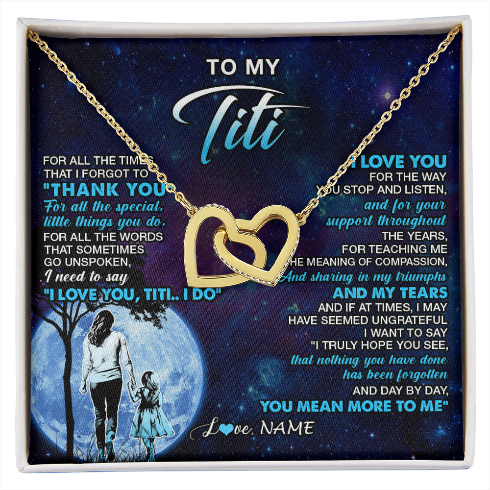 Interlocking Hearts Necklace 18K Yellow Gold Finish | 1 | Personalized To My Titi Necklace From Niece Thank You Day By Day Titi Birthday Gifts Mothers Day Christmas Customized Gift Box Message Card | siriusteestore
