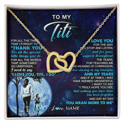 Interlocking Hearts Necklace 18K Yellow Gold Finish | 1 | Personalized To My Titi Necklace From Niece Thank You Day By Day Titi Birthday Gifts Mothers Day Christmas Customized Gift Box Message Card | siriusteestore