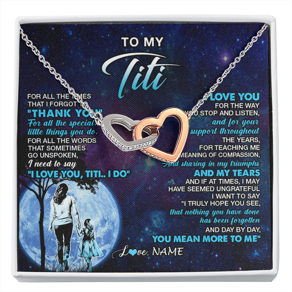 Interlocking Hearts Necklace Stainless Steel & Rose Gold Finish | 1 | Personalized To My Titi Necklace From Niece Thank You Day By Day Titi Birthday Gifts Mothers Day Christmas Customized Gift Box Message Card | siriusteestore
