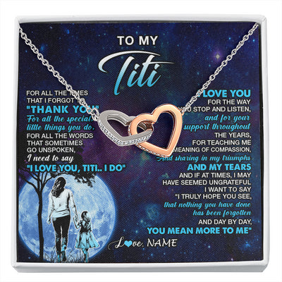 Interlocking Hearts Necklace Stainless Steel & Rose Gold Finish | 1 | Personalized To My Titi Necklace From Niece Thank You Day By Day Titi Birthday Gifts Mothers Day Christmas Customized Gift Box Message Card | siriusteestore