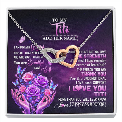 Interlocking Hearts Necklace Stainless Steel & Rose Gold Finish | 1 | Personalized To My Titi Necklace From Niece Thank You For Love Butterfly Titi Birthday Mothers Day Thanksgiving Christmas Custom Gift Box Message Card | https://siriusteestore.