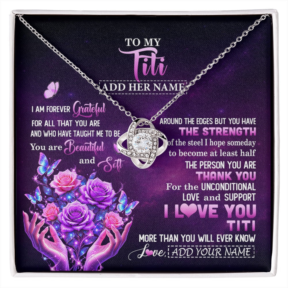 Love Knot Necklace 14K White Gold Finish | 1 | Personalized To My Titi Necklace From Niece Thank You For Love Butterfly Titi Birthday Mothers Day Thanksgiving Christmas Custom Gift Box Message Card | https://siriusteestore.