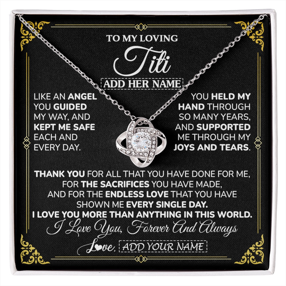 Love Knot Necklace 14K White Gold Finish | 1 | Personalized To My Titi Necklace Gifts Meaningful Gift To Aunt From Niece Without You There Is No Me Mothers Day Birthday Custom Gift Box Message Card | https://siriusteestore.