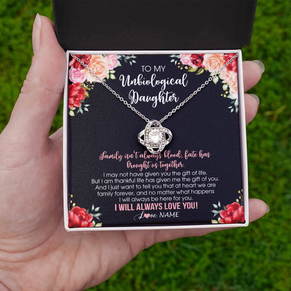 Love Knot Necklace 14K White Gold Finish | 2 | Personalized To My Unbiological Daughter Necklace Family Together Birthday Gifts For Bonus Daughter Stepdaughter Christmas Customized Gift Box Message Card | siriusteestore