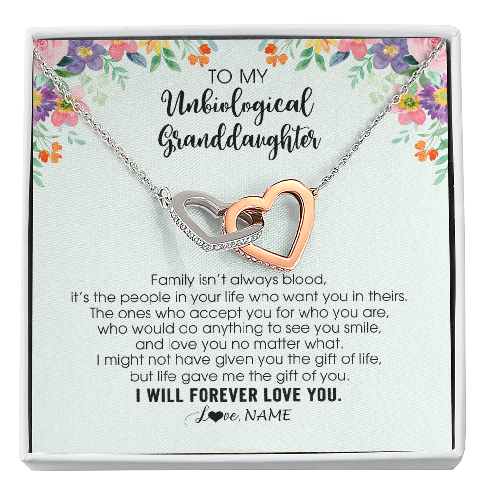 Interlocking Hearts Necklace Stainless Steel & Rose Gold Finish | 1 | Personalized To My Unbiological Granddaughter Necklace Family Isn't Always Blood Bonus Granddaughter Birthday Gifts Christmas Customized Gift Box Message Card | siriusteestore