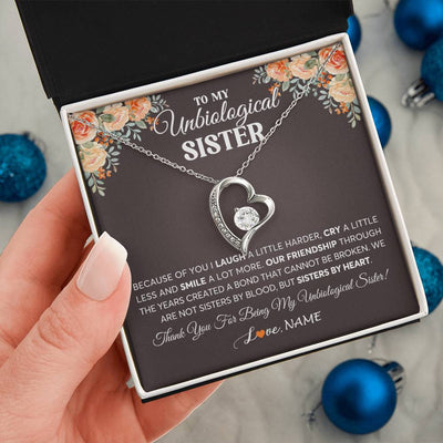 Forever Love Necklace 14K White Gold Finish | 2 | Personalized To My Unbiological Sister Necklace From Sister By Heart Sister Friendship Best Friend Birthday Christmas Customized Gift Box Message Card | siriusteestore