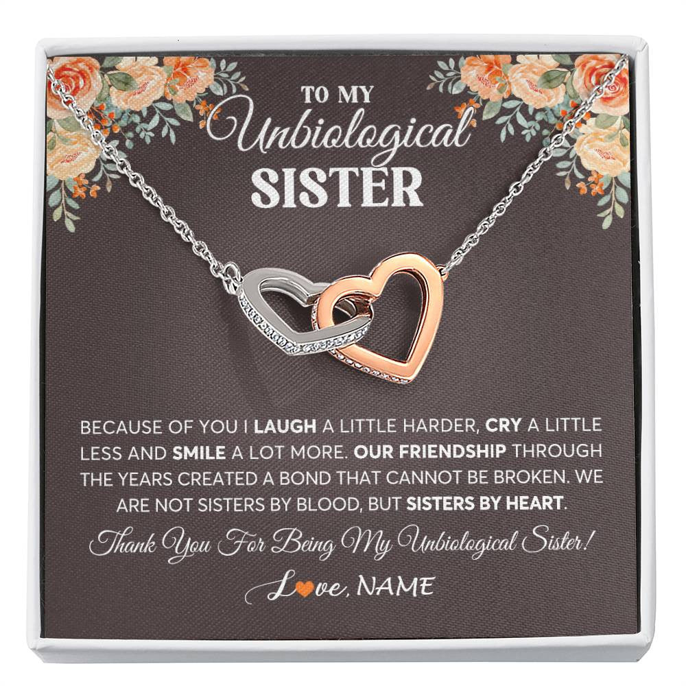 Interlocking Hearts Necklace Stainless Steel & Rose Gold Finish | 1 | Personalized To My Unbiological Sister Necklace From Sister By Heart Sister Friendship Best Friend Birthday Christmas Customized Gift Box Message Card | siriusteestore
