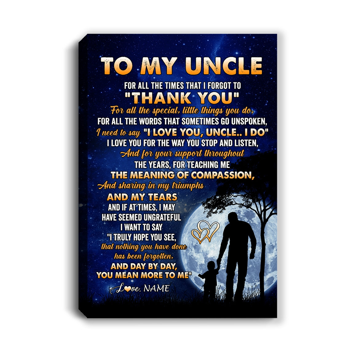Personalized To My Uncle Canvas From Nephew Niece Thank You Grateful Love Uncle Birthday Gifts Fathers Day Thanksgiving Christmas Custom Wall Art Print Framed Canvas | siriusteestore