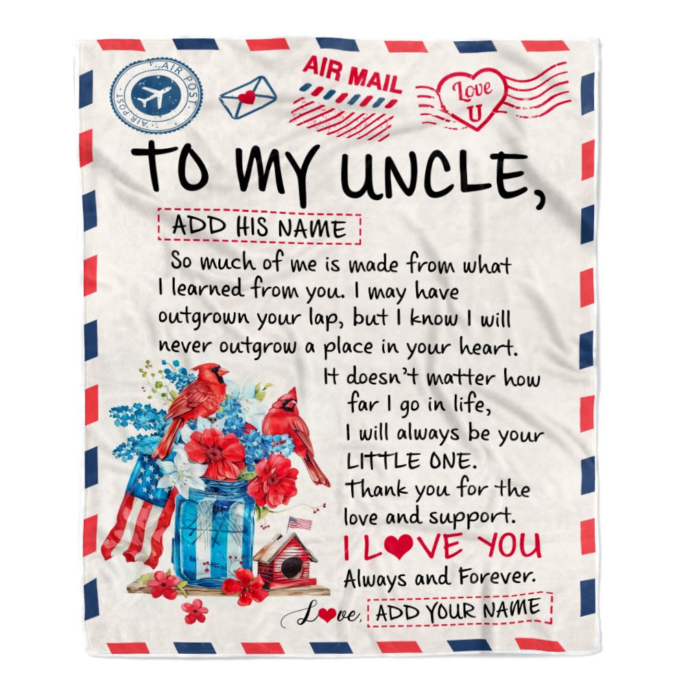 Personalized To My Uncle Gifts Blanket From Niece Nephew Cardinal Letter Air Mail Letter Birthday Gifts For Uncle Fathers Day Christmas Uncle Fleece Throw Blanket | siriusteestore