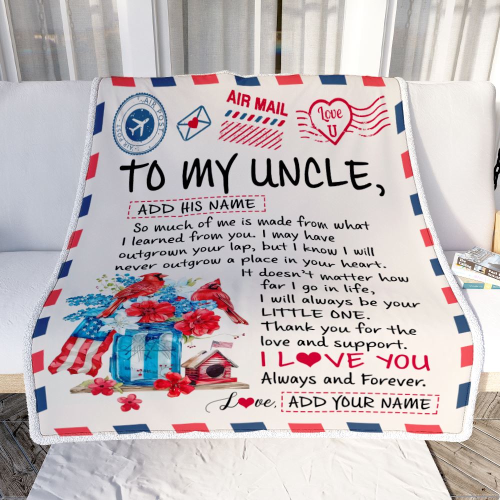 Personalized To My Uncle Gifts Blanket From Niece Nephew Cardinal Letter Air Mail Letter Birthday Gifts For Uncle Fathers Day Christmas Uncle Fleece Throw Blanket | siriusteestore