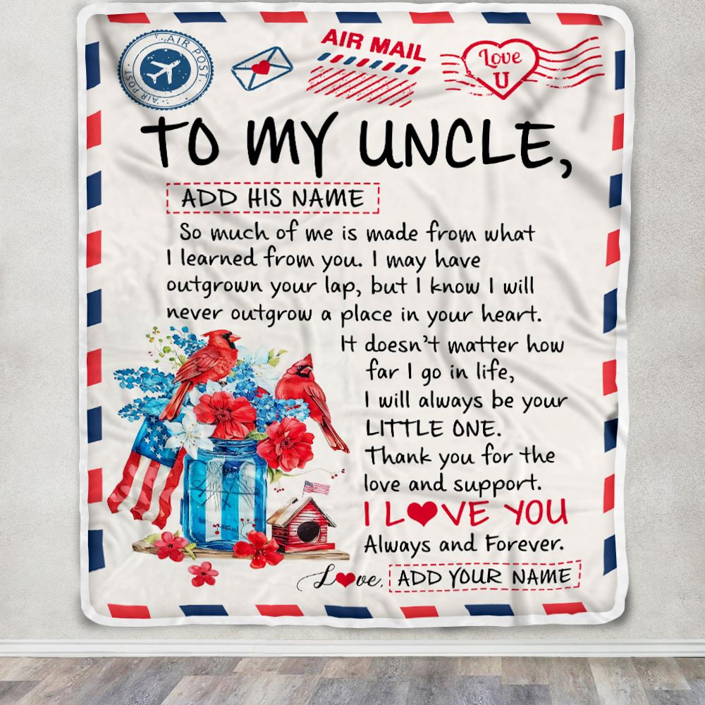 Personalized To My Uncle Gifts Blanket From Niece Nephew Cardinal Letter Air Mail Letter Birthday Gifts For Uncle Fathers Day Christmas Uncle Fleece Throw Blanket | siriusteestore