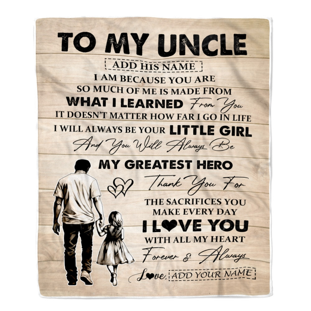 Personalized To My Uncle Gifts Blanket From Niece Thank You My Hero Uncle Birthday Gift Fathers Day Thanksgiving Christmas Customized Fleece Throw Blanket | siriusteestore