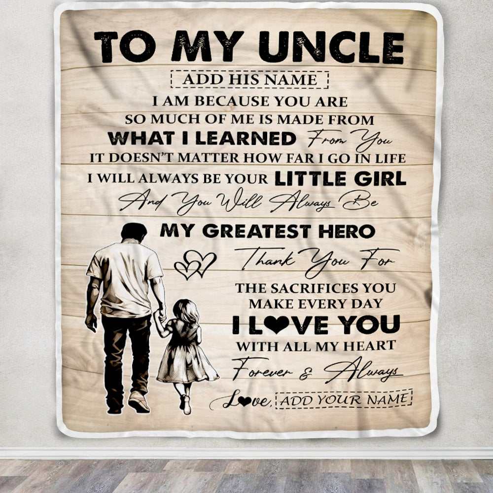 Personalized To My Uncle Gifts Blanket From Niece Thank You My Hero Uncle Birthday Gift Fathers Day Thanksgiving Christmas Customized Fleece Throw Blanket | siriusteestore