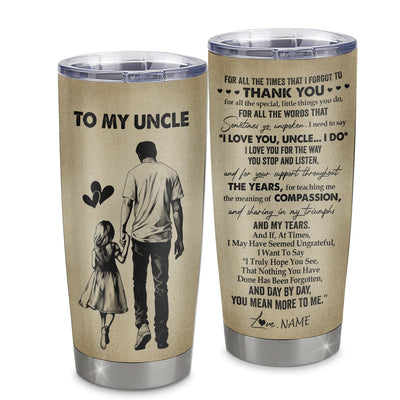 Personalized To My Uncle Tumbler From Niece Stainless Steel Cup For All The Times That I Forgot To Thank You Uncle Birthday Fathers Day Christmas Travel Mug | siriusteestore