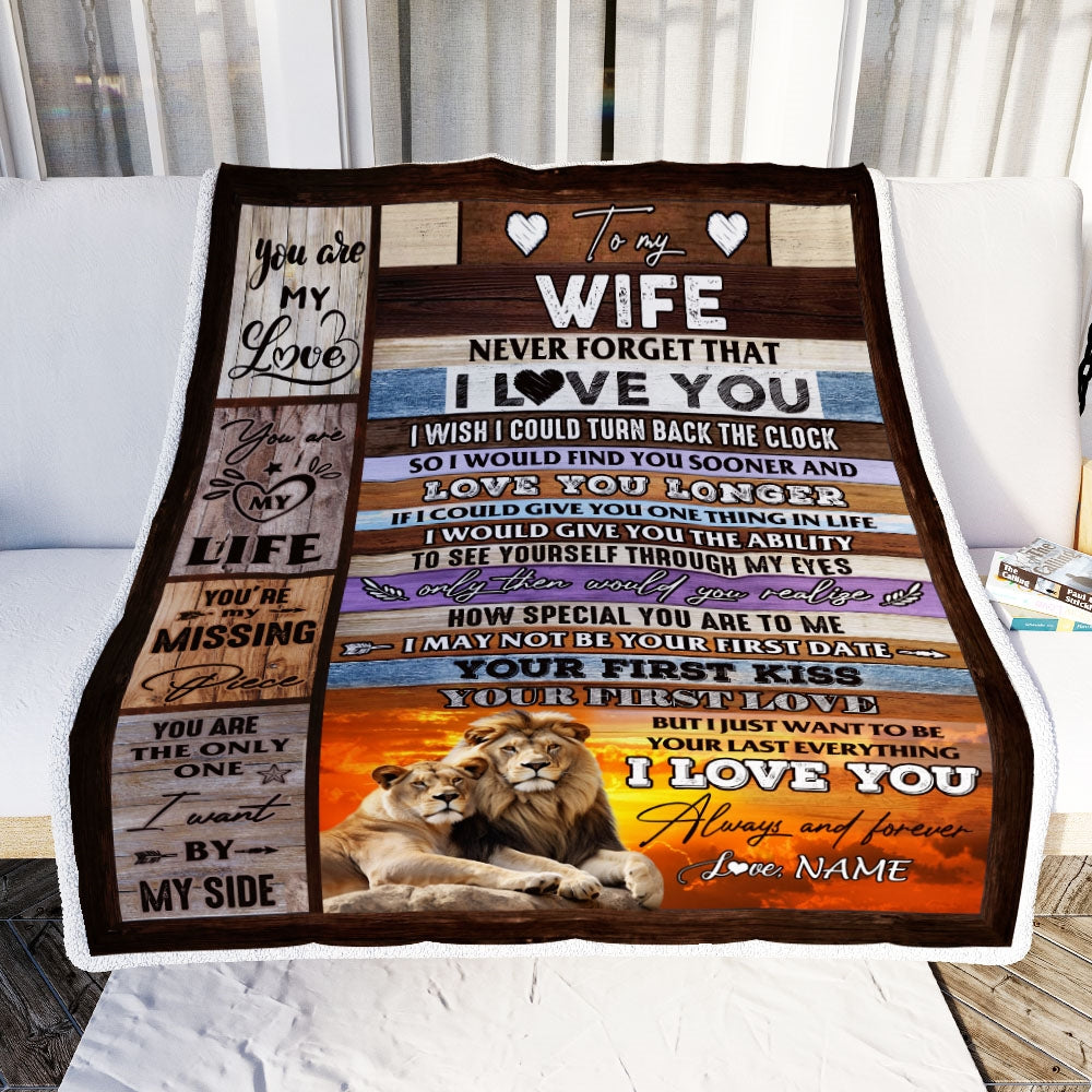 Personalized To My Wife Blanket From Husband Never Forget I Love You Couple Lion Wife Birthday Anniversary Valentines Day Christmas Customized Fleece Blanket | siriusteestore