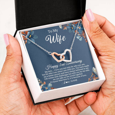 Interlocking Hearts Necklace Stainless Steel & Rose Gold Finish | 2 | Personalized To My Wife Necklace From Husband 2 Years Wedding Anniversary For Her 2nd Anniversary For Her 2 Years Anniversary Customized Gift Box Message Card | siriusteestore