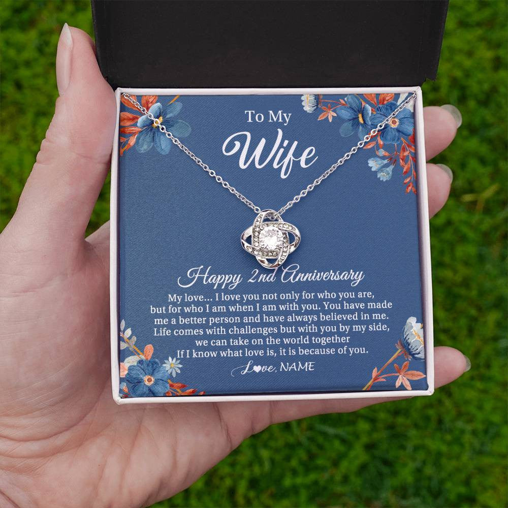 Love Knot Necklace 14K White Gold Finish | 2 | Personalized To My Wife Necklace From Husband 2 Years Wedding Anniversary For Her 2nd Anniversary For Her 2 Years Anniversary Customized Gift Box Message Card | siriusteestore