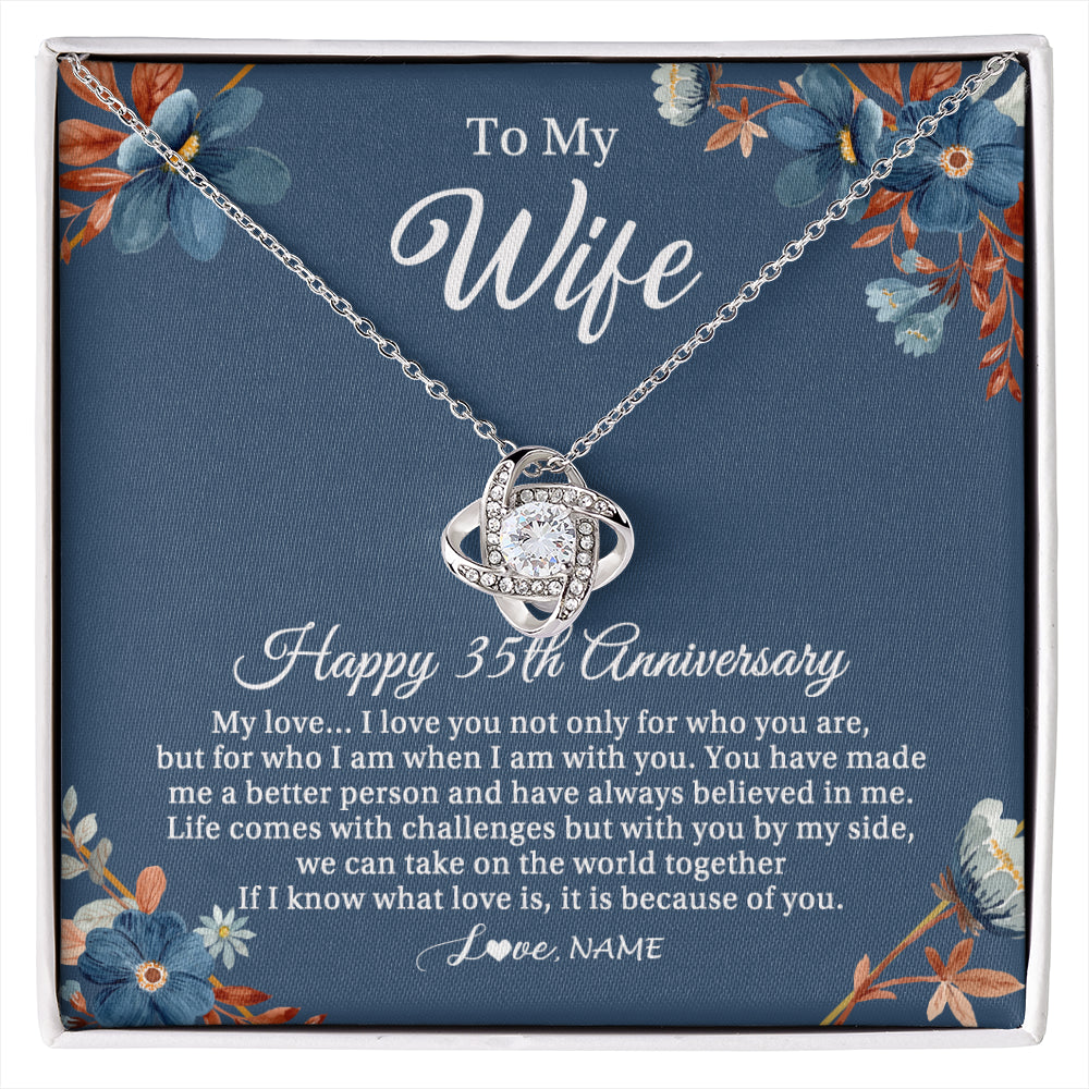 Love Knot Necklace 14K White Gold Finish | 1 | Personalized To My Wife Necklace From Husband 35 Years Wedding Anniversary For Her 35th Anniversary For Her 35 Years Anniversary Customized Gift Box Message Card | siriusteestore