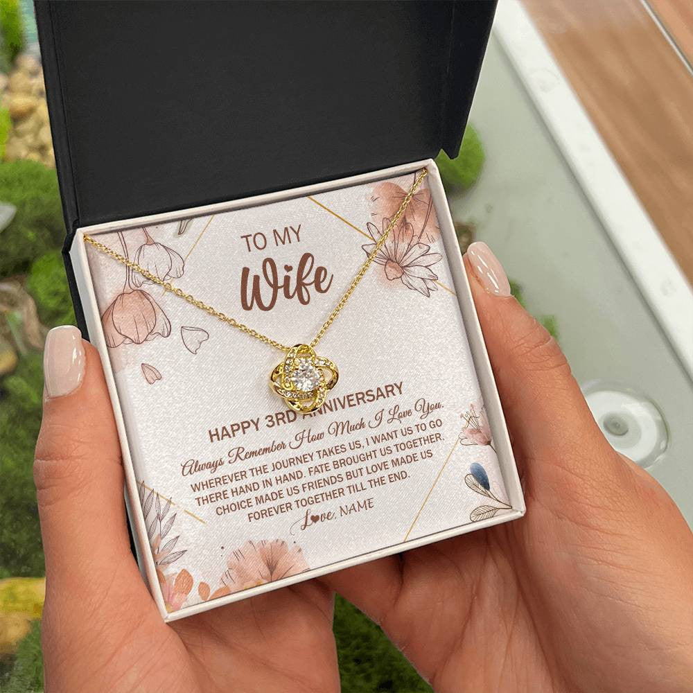 Love Knot Necklace 18K Yellow Gold Finish | Personalized To My Wife Necklace From Husband 3 Years Anniversary For Her 3rd Anniversary 3 Years Wedding Anniversary For Her Customized Gift Box Message Card | siriusteestore