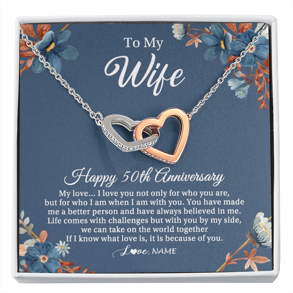 Interlocking Hearts Necklace Stainless Steel & Rose Gold Finish | 1 | Personalized To My Wife Necklace From Husband 50 Years Wedding Anniversary For Her 50th Anniversary For Her 50 Years Anniversary Customized Gift Box Message Card | siriusteestore