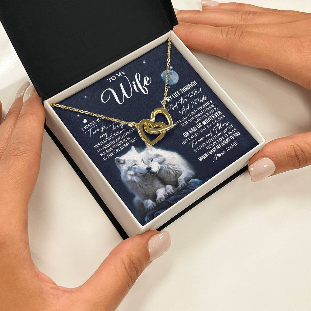 Interlocking Hearts Necklace 18K Yellow Gold Finish | 2 | Personalized To My Wife Necklace From Husband I Want You Wolf Wife Birthday Anniversary Romantic Valentines Day Christmas Customized Gift Box Message Card | siriusteestore