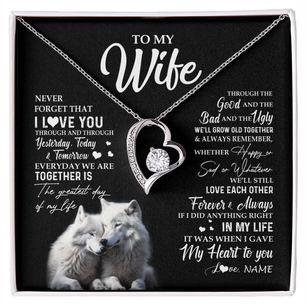 Forever Love Necklace 14K White Gold Finish | 1 | Personalized To My Wife Necklace From Husband Wolf Never Forget That I Love You Wife Wedding Anniversary Birthday Christmas Customized Gift Box Message Card | siriusteestore