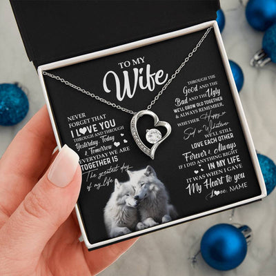 Forever Love Necklace 14K White Gold Finish | 2 | Personalized To My Wife Necklace From Husband Wolf Never Forget That I Love You Wife Wedding Anniversary Birthday Christmas Customized Gift Box Message Card | siriusteestore