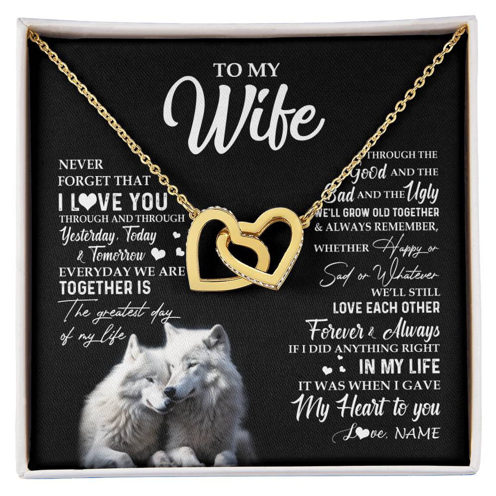 Interlocking Hearts Necklace 18K Yellow Gold Finish | 1 | Personalized To My Wife Necklace From Husband Wolf Never Forget That I Love You Wife Wedding Anniversary Birthday Christmas Customized Gift Box Message Card | siriusteestore