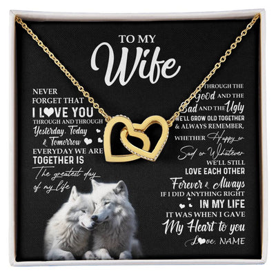 Interlocking Hearts Necklace 18K Yellow Gold Finish | 1 | Personalized To My Wife Necklace From Husband Wolf Never Forget That I Love You Wife Wedding Anniversary Birthday Christmas Customized Gift Box Message Card | siriusteestore