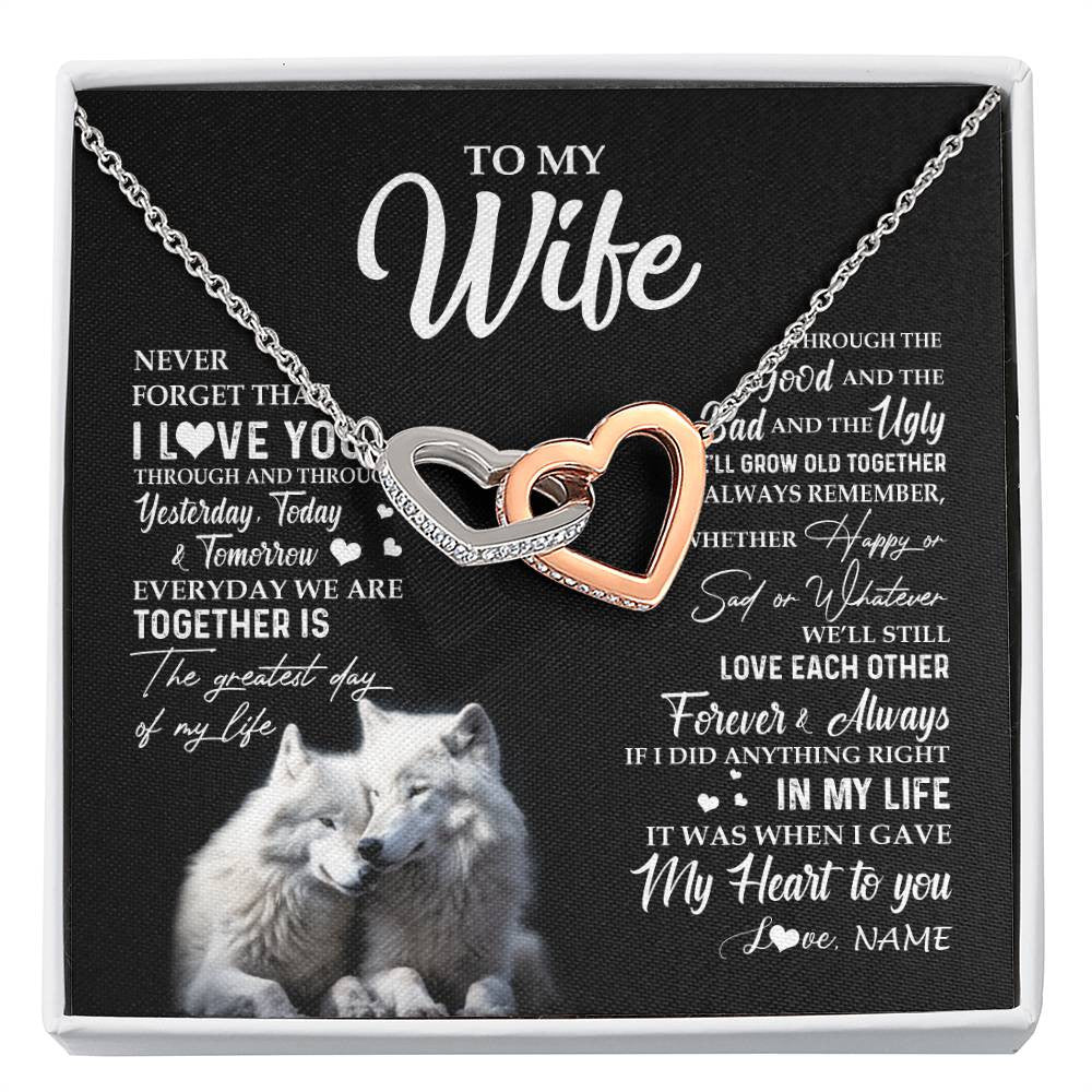 Interlocking Hearts Necklace Stainless Steel & Rose Gold Finish | 1 | Personalized To My Wife Necklace From Husband Wolf Never Forget That I Love You Wife Wedding Anniversary Birthday Christmas Customized Gift Box Message Card | siriusteestore