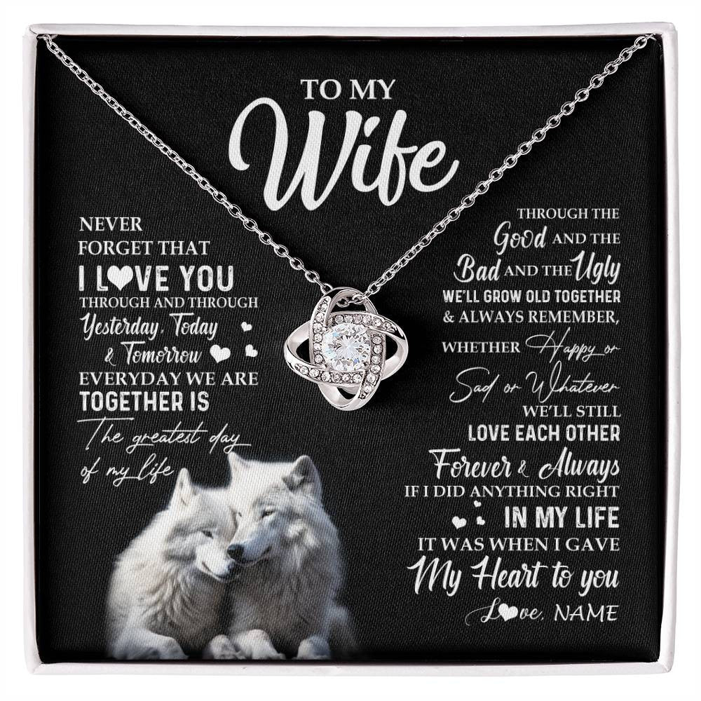 Love Knot Necklace 14K White Gold Finish | 1 | Personalized To My Wife Necklace From Husband Wolf Never Forget That I Love You Wife Wedding Anniversary Birthday Christmas Customized Gift Box Message Card | siriusteestore