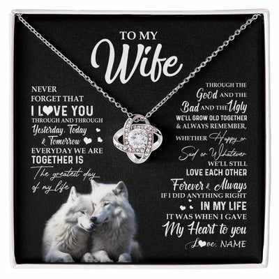 Love Knot Necklace 14K White Gold Finish | 1 | Personalized To My Wife Necklace From Husband Wolf Never Forget That I Love You Wife Wedding Anniversary Birthday Christmas Customized Gift Box Message Card | siriusteestore