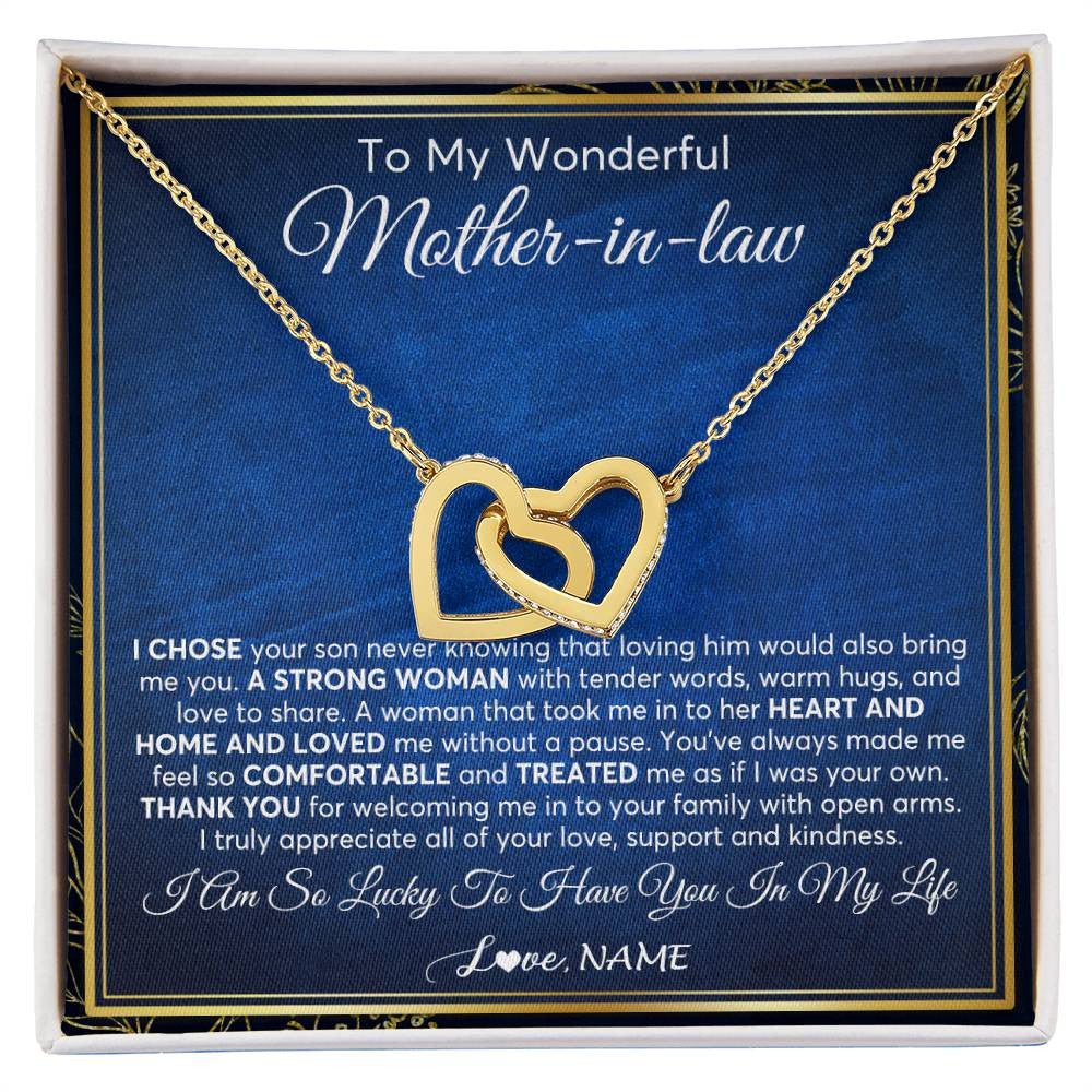 Interlocking Hearts Necklace 18K Yellow Gold Finish | 1 | Personalized To My Wonderful Mother In Law Necklace From Daughter In Law A Strong Women Mother Birthday Mothers Day Christmas Customized Gift Box Message Card | siriusteestore