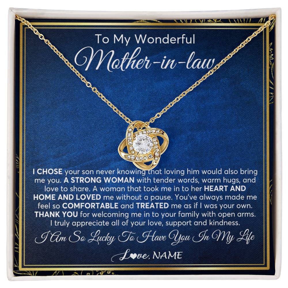 Love Knot Necklace 18K Yellow Gold Finish | 1 | Personalized To My Wonderful Mother In Law Necklace From Daughter In Law A Strong Women Mother Birthday Mothers Day Christmas Customized Gift Box Message Card | siriusteestore