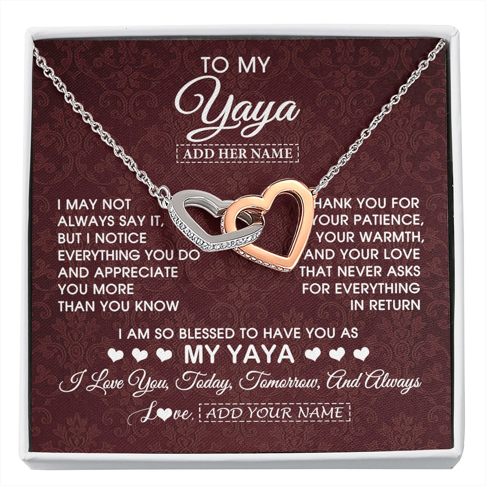 Interlocking Hearts Necklace Stainless Steel & Rose Gold Finish | 1 | Personalized To My Yaya Gifts From Granddaughter Necklace Meaningful Jewelry Pendant Gifts For Yaya Mothers Day Birthday Christmas Custom Gift Box Message Card | https://siriusteestore.