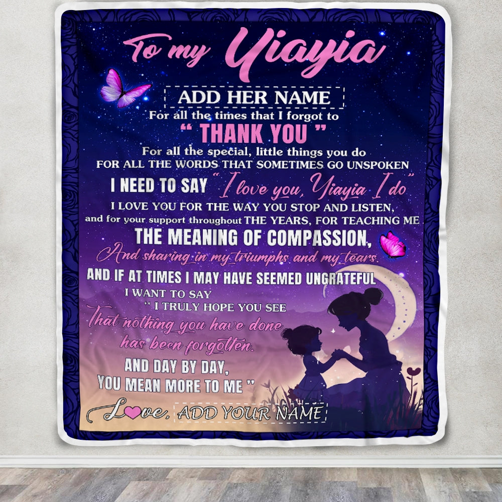 Personalized To My Yiayia Blanket From Grandkids Grandson Night Sky Thank You Love You Yiayia Birthday Gifts Mothers Day Christmas Customized Fleece Blanket | siriusteestore