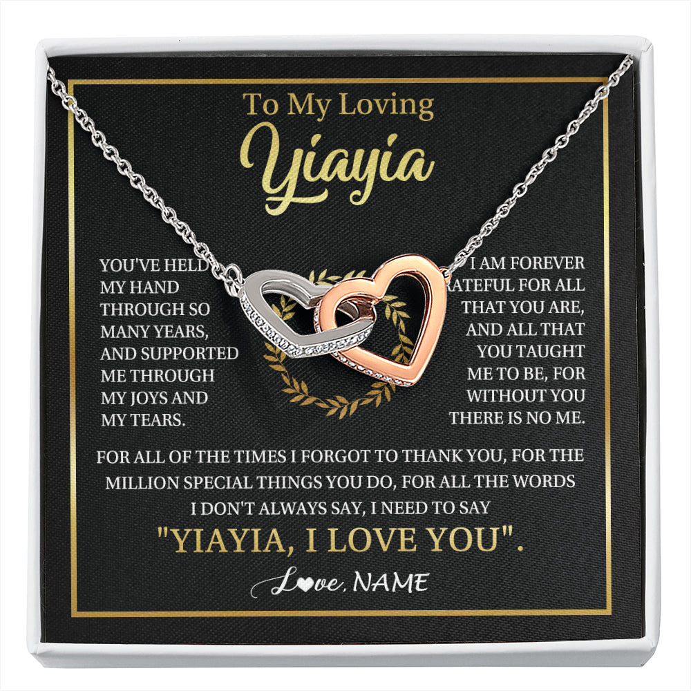 Interlocking Hearts Necklace Stainless Steel & Rose Gold Finish | 1 | Personalized To My Yiayia Gifts Necklace From Granddaughter Grandson Grateful Thank You Yiayia Birthday Mothers Day Christmas Customized Gift Box Message Card | siriusteestore