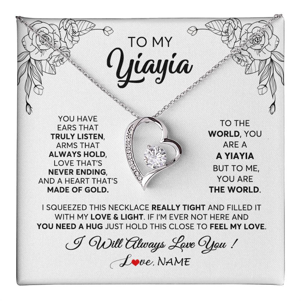 Forever Love Necklace 14K White Gold Finish | 1 | Personalized To My Yiayia Necklace From Grandkids Granddaughter Hold This Close Feel My Love Yiayia Birthday Mothers Day Customized Gift Box Message Card | siriusteestore
