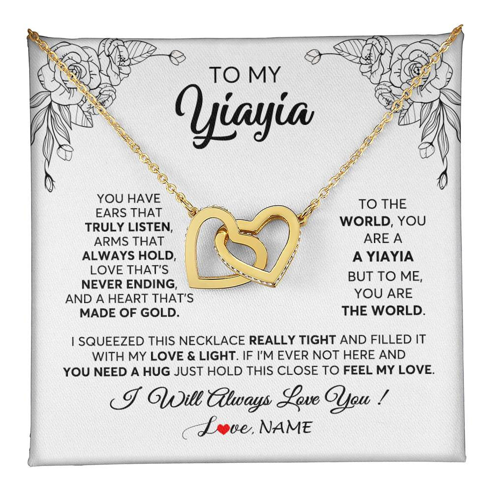 Interlocking Hearts Necklace 18K Yellow Gold Finish | 1 | Personalized To My Yiayia Necklace From Grandkids Granddaughter Hold This Close Feel My Love Yiayia Birthday Mothers Day Customized Gift Box Message Card | siriusteestore