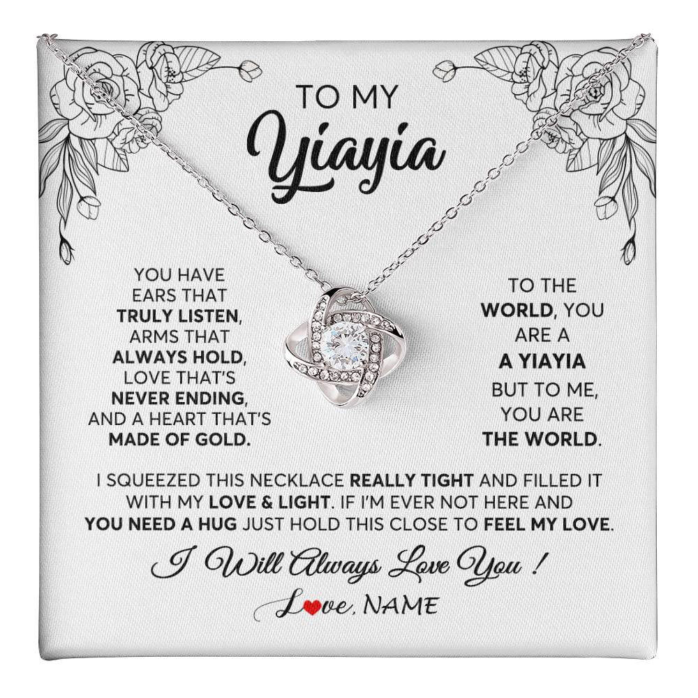 Love Knot Necklace 14K White Gold Finish | 1 | Personalized To My Yiayia Necklace From Grandkids Granddaughter Hold This Close Feel My Love Yiayia Birthday Mothers Day Customized Gift Box Message Card | siriusteestore