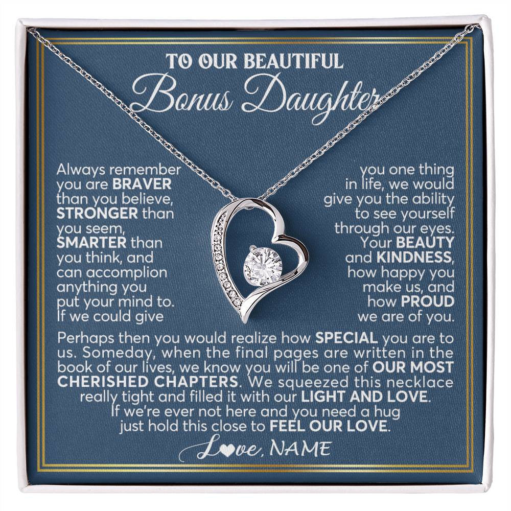 Forever Love Necklace 14K White Gold Finish | 1 | Personalized To Our Beautiful Bonus Daughter Necklace From Stepmom Stepdad Always Remember Stepdaughter Birthday Christmas Customized Gift Box Message Card | siriusteestore