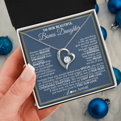 Forever Love Necklace 14K White Gold Finish | 2 | Personalized To Our Beautiful Bonus Daughter Necklace From Stepmom Stepdad Always Remember Stepdaughter Birthday Christmas Customized Gift Box Message Card | siriusteestore