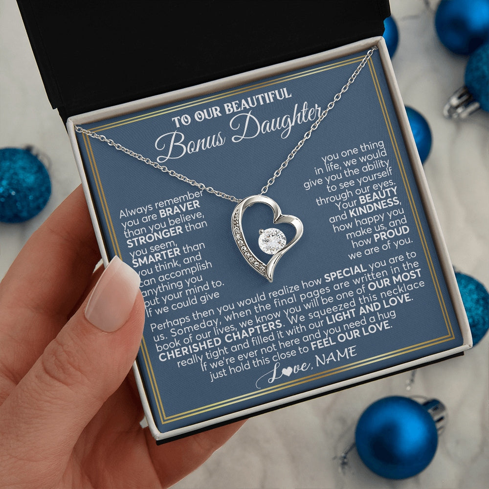 Forever Love Necklace 14K White Gold Finish | 2 | Personalized To Our Beautiful Bonus Daughter Necklace From Stepmom Stepdad Always Remember Stepdaughter Birthday Christmas Customized Gift Box Message Card | https://siriusteestore.