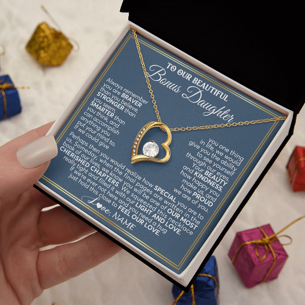 Forever Love Necklace 18K Yellow Gold Finish | 2 | Personalized To Our Beautiful Bonus Daughter Necklace From Stepmom Stepdad Always Remember Stepdaughter Birthday Christmas Customized Gift Box Message Card | https://siriusteestore.